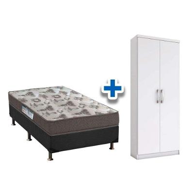 Cama Box Solteiro CRC + D33 Iso Ortobom + Armário Multiuso Margarida Branco