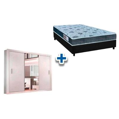 Cama Box Casal + Colchão D45 Cecina + Guarda Roupa Veneza Luxo Branco