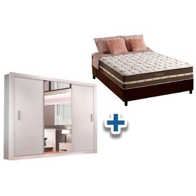 Cama Box Casal + Colchão Classic + Guarda Roupa Veneza Luxo Branco