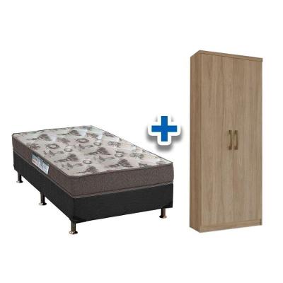 Cama Box Solteiro CRC + D33 Iso Ortobom + Armário Multiuso Margarida Rústico