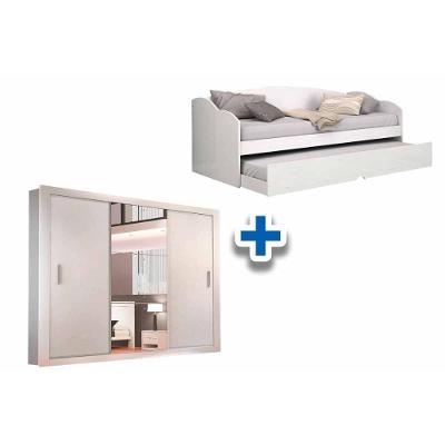 Cama Sofá Funny II c/ Auxiliar + 2 Colchões Orthocrin + Guarda Roupa Veneza Branco