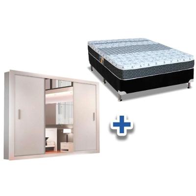 Cama Box Casal + Colchão Class Castor + Guarda Roupa Veneza Luxo Branco