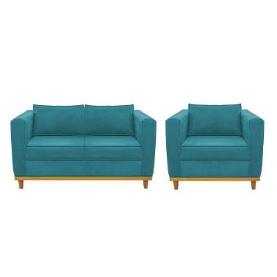 Kit Sofá 2 Lugares e Poltrona Europa Suede Azul Turquesa