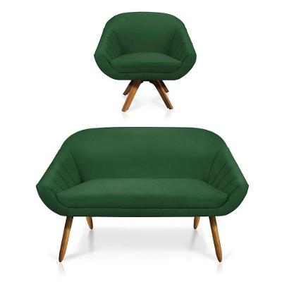 Kit 01 Namoradeira 02 Lugares E 01 Poltrona Giratória Giovana Suede Base Madeira Mm30 D'rossi Verde
