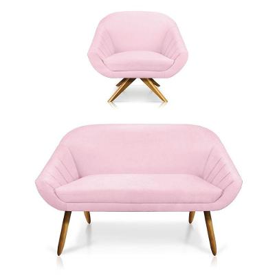 Kit 01 Namoradeira 02 Lugares E 01 Poltrona Giovana Suede Rosa Bebê