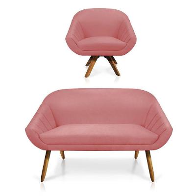 Kit 01 Namoradeira 02 Lugares E 01 Poltrona Giratória Giovana Suede Base Madeira Mm30 D'rossi Rose