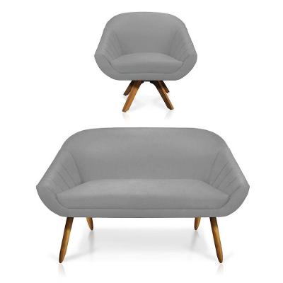 Kit 01 Namoradeira 02 Lugares E 01 Poltrona Giratória Giovana Suede Base Madeira Mm30 D'rossi Cinza