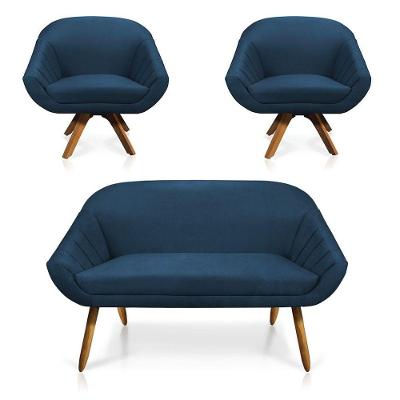 Kit 01 Namoradeira 02 Lugares E 02 Poltronas Giratória Giovana Suede Base Madeira Mm30 - D'rossi Azul Marinho