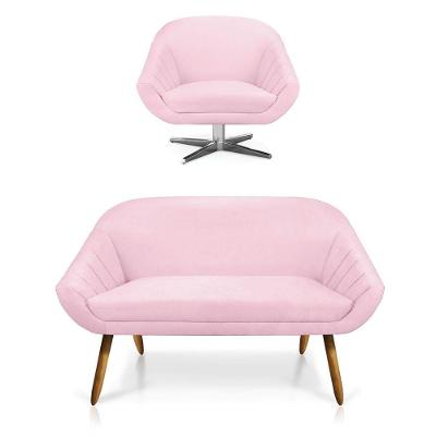 Kit 01 Namoradeira 02 Lugares 01 Poltrona Giratória Giovana Suede Base Cromada D'rossi Rosa Bebê