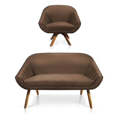 Kit 01 Namoradeira 02 Lugares E 01 Poltrona Giratória Giovana Suede Base Madeira Mm30 D'rossi Marrom