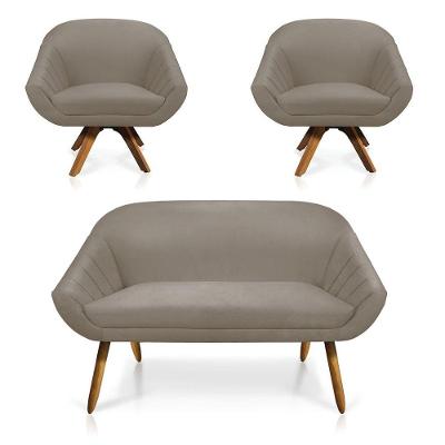 Kit 01 Namoradeira 02 Lugares E 02 Poltronas Giratória Giovana Suede Base Madeira Mm30 - D'rossi Marrom Rato