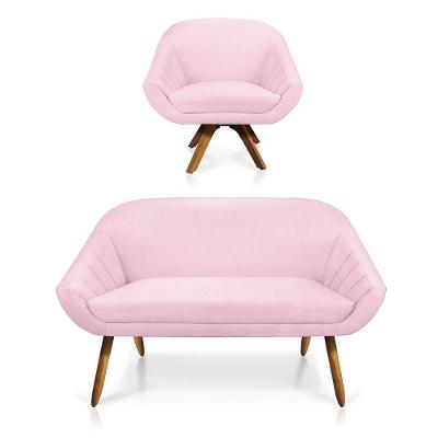 Kit 01 Namoradeira 02 Lugares E 01 Poltrona Giovana Suede Rosa Bebê