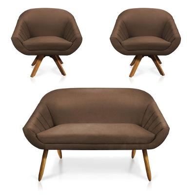 Kit 01 Namoradeira 02 Lugares E 02 Poltronas Giratória Giovana Suede Base Madeira Mm30 - D'rossi Marrom