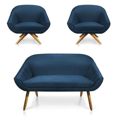 Kit 01 Namoradeira 02 Lugares E 02 Poltronas Giovana Suede Azul Marinho