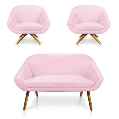 Kit 01 Namoradeira 02 Lugares E 02 Poltronas Giovana Suede Rosa Bebê