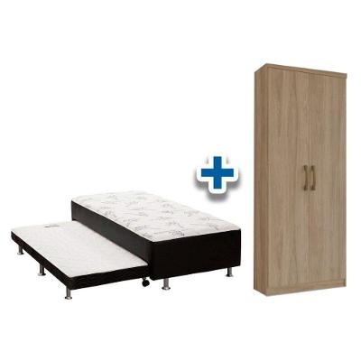 Cama Box Solteiro Conjugado Ortobom Black C/ Auxiliar + Armário Multiuso Margarida Rústico