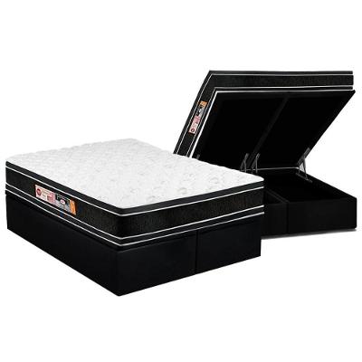 Cama Box Baú Queen: Colchão Espuma Castor D33 Black e White Air Euro Pillow + Base CRC Suede Black(158x198)