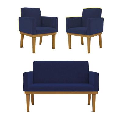 Kit Sofá 2 Lugares + Poltrona Com Base Suede azul Marinho