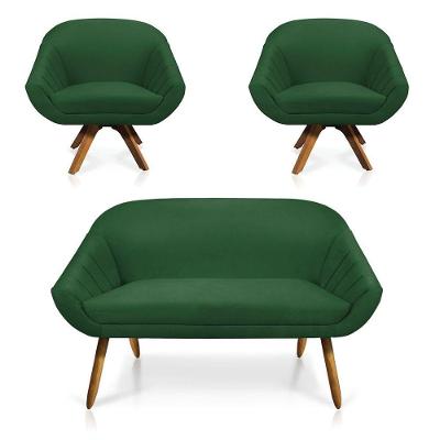 Kit 01 Namoradeira 02 Lugares E 02 Poltronas Giratória Giovana Suede Base Madeira Mm30 D'rossi Verde