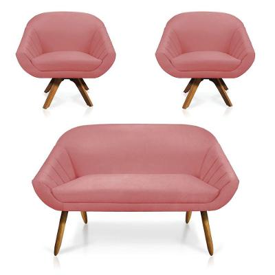 Kit 01 Namoradeira 02 Lugares E 02 Poltronas Giratória Giovana Suede Base Madeira Mm30 D'rossi Rose