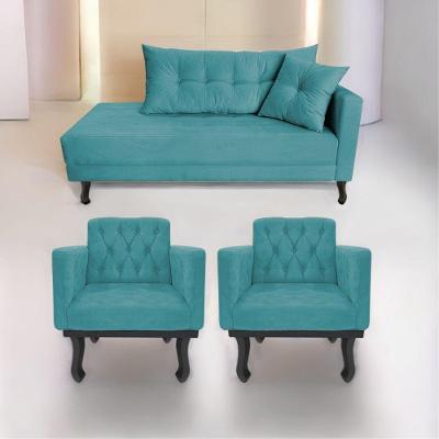 Kit Diva Recamier Azura 140cm Lado Esquerdo e 02 Poltronas Classic Suede Azul turquesa