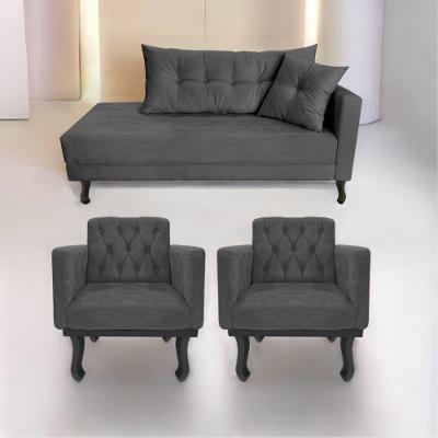 Kit Diva Recamier Azura 140cm Lado Esquerdo e 02 Poltronas Classic Linho Cinza escuro