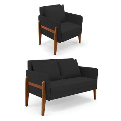Kit 1 Sofá Namoradeira E 1 Poltrona Lana Veludo Base De Madeira - D'rossi  Preto
