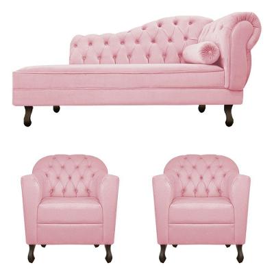 Kit Diva Recamier Diana 140cm Lado Esquerdo e 02 Poltronas Julia Suede Rosa Bebê