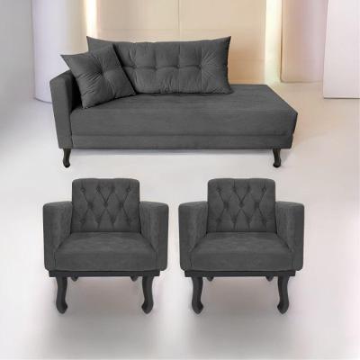 Kit Diva Recamier Azura 185cm Lado Direito e 02 Poltronas Classic Linho Cinza escuro
