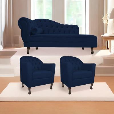 Kit Diva Recamier Diana 185cm Lado Direito e 02 Poltronas Julia Suede Azul Marinho
