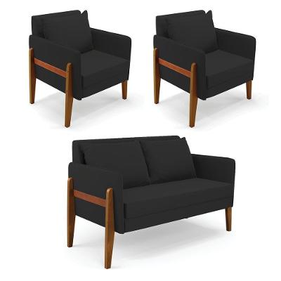 Kit 1 Sofá Namoradeira E 2 Poltronas Lana Veludo Base De Madeira - D'rossi Cor Preto
