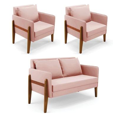 Kit 1 Sofá Namoradeira E 2 Poltronas Lana Veludo Base De Madeira - D'rossi Cor Rose