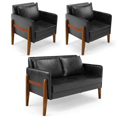 Kit 1 Sofá Namoradeira E 2 Poltronas Lana Corano Preto Base De Madeira - D'Rossi