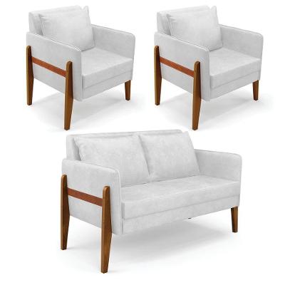 Kit 1 Sofá Namoradeira E 2 Poltronas Lana Corano Base De Madeira - D'Rossi Branco