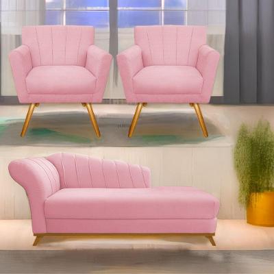 Kit Diva Recamier Vanessa 185Cm Lado Direito E 02 Poltronas Laura Suede Cor Rosabebê