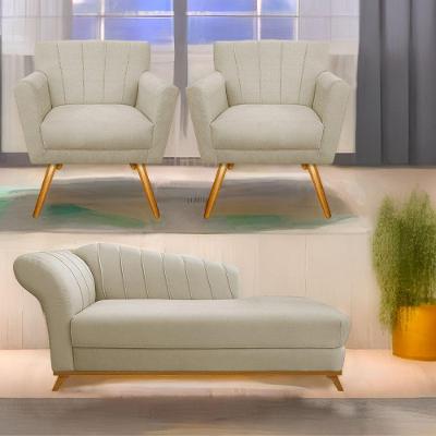 Kit Diva Recamier Vanessa 185Cm Lado Direito E 02 Poltronas Laura Linho Cor Bege