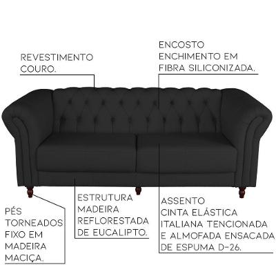 Sofá 2 Lugares Bérgamo 180cm Couro Preto
