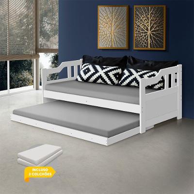 Sofá Cama Madeira Maciça Vintage Com Cama Auxiliar E 2 Colchões Texas - Branco - Cor: Branco