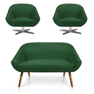 Kit 01 Namoradeira 02 Lugares E 02 Poltronas Giratória Giovana Suede Verde Base Cromada - D'rossi