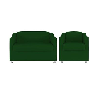 Kit Sofá Namoradeira + Poltrona Tilla Recepção Sala Tecido verde