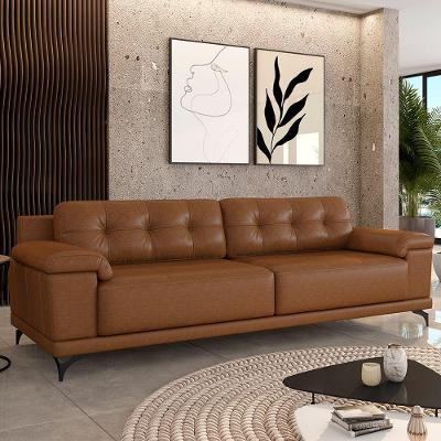 Sofá Living 3 Lugares 212cm Agostino Pés Design Em Ferro Couro Caramelo Manchado G52 - Gran Belo