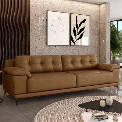Sofá Living 3 Lugares 212cm Agostino Pés Design Em Ferro Couro Caramelo G52 - Gran Belo