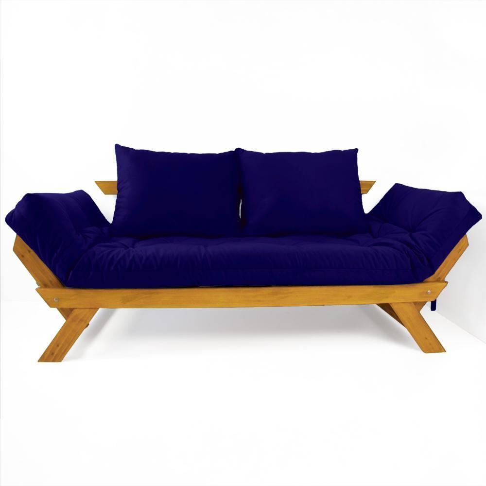 Sofá Japão Futon Acquablock Azul Royal Madeira Cor Mel - 1