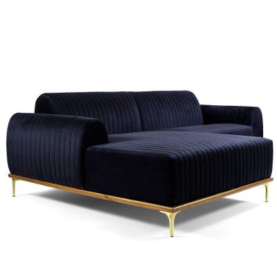 Sofá 4 Lugares com Chaise Base de Madeira 265 Cm Veludo Azul