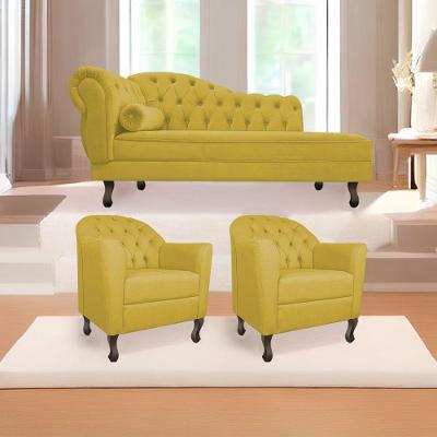 Kit Diva Recamier Diana 185Cm Lado Direito E 02 Poltronas Julia Suede - Doce Sonho Móveis Amarelo