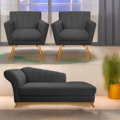 Kit Diva Recamier Vanessa 185Cm Lado Direito E 02 Poltronas Laura Linho - Amarena Móveis Cinzaescuro