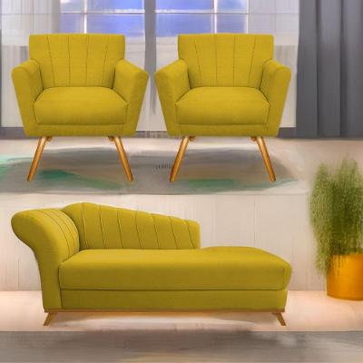 Kit Diva Recamier Vanessa 185Cm Lado Direito E 02 Poltronas Laura Suede - Amarena Móveis Amarelo