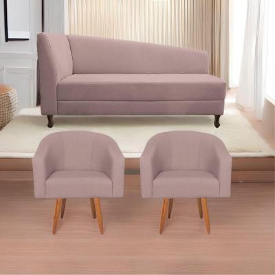 Kit Diva Recamier Heitor 185Cm Lado Direito E 02 Poltronas Luiza Linho - Doce Sonho Móveis Rosê