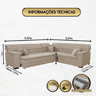 Sofá Magno 2.57x2.57m De Canto, Retrátil E Reclinável - Bege