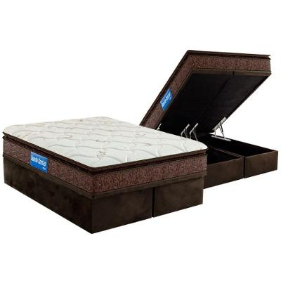 Cama Box Baú Queen: Colchão Espuma D33 Probel Guarda Costas Plus Pillow Top + Base CRC Suede Brown(158x198)